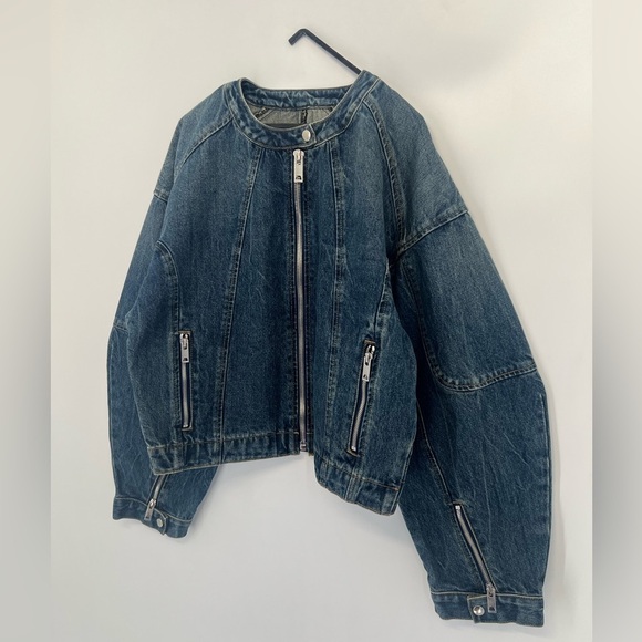 EB Denim Logan Denim Racer Moto Vintage Inspired Wide Tapered Sleeve Zip Jacket - Picture 3 of 9